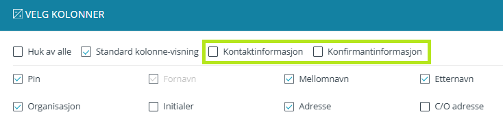 Valg under Vis/skjul kolonner.