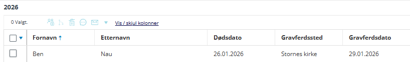 Kolonner for dødsdato og gravferdsinformasjon.