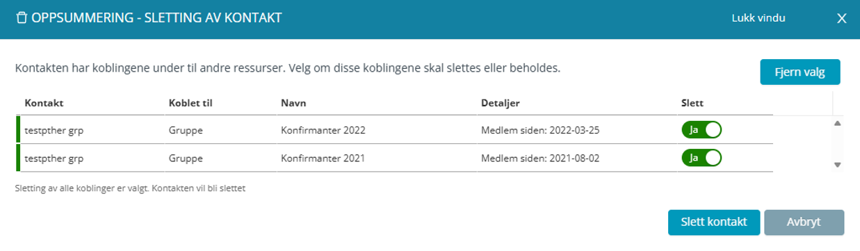 Sletting av kontakt.