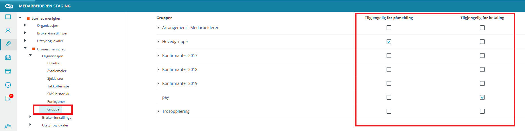 Grupper i adminmodulen.
