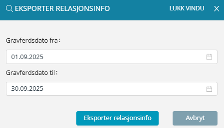 Dialogboks for 'Eksporter relasjonsinfo'.