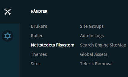 Skjermbildet viser 'Håndter'/ 'Nettstedets filsystem' på labOra nettsider.