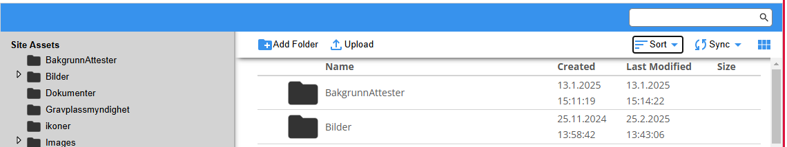 Skjermbildet viser Nettstedets filsystem for labOra nettsider.