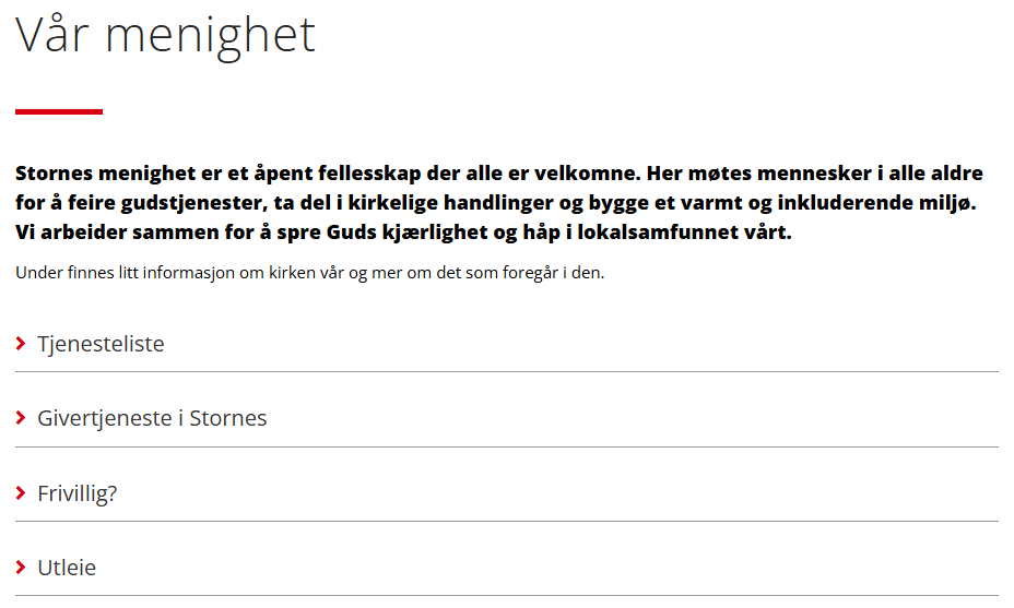 Skjermbildet viser siden 'Vår menighet' med på nettsider.