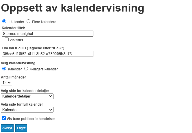 Skjermbildet viser oppsett av kalendervisning på labOra nettsider.