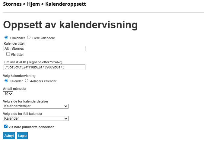 Skjermbildet viser oppsett av kalendervisning på nettsider.