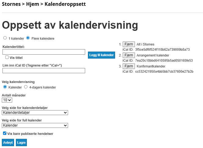 Skjermbildet viser oppsett av kalendervisning på nettsider.