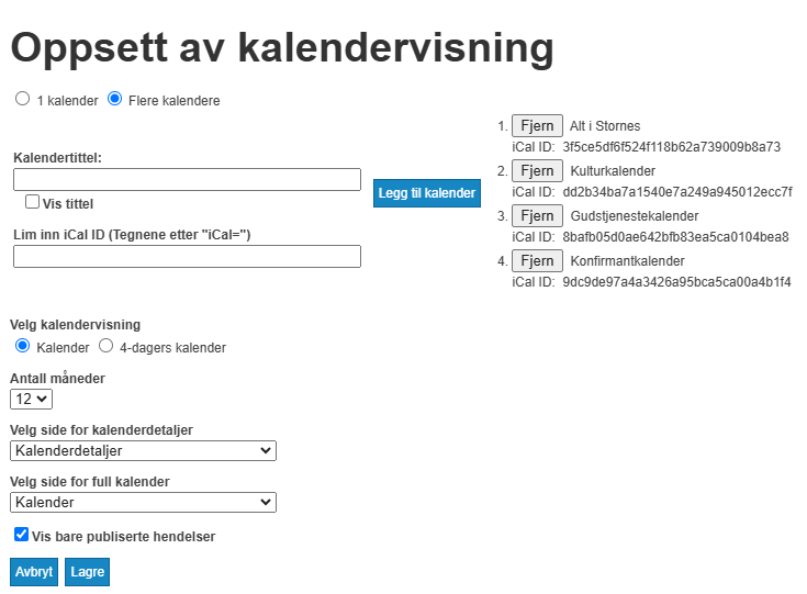 Skjermbildet viser oppsett av kalendervisning på labOra nettsider.