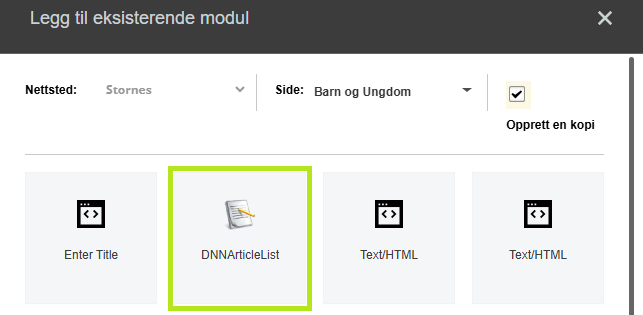 Skjermbildet viser arbeidsflaten 'Legg til eksisterende modul' på labOra nettsider.