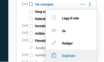 Skjermbildet viser alternativ 'Duplicate' for en side på labOra nettsider.