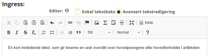 Skjermbildet viser redigering av Ingress for ny artikkel på labOra nettsider.
