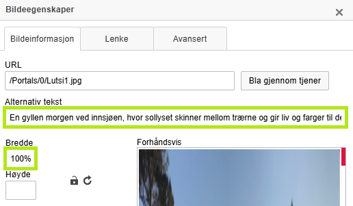Skjermbildet viser 'Bildeegenskaper' for et bilde på labOra nettsider.