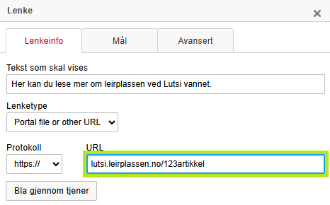 Skjermbildet viser alternativer for å sette inn en lenke på labOra nettsideartikkel.