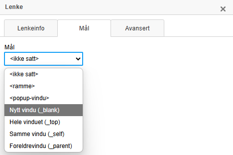 Skjermbildet viser alternativer for å sette inn en lenke på labOra nettsideartikkel.