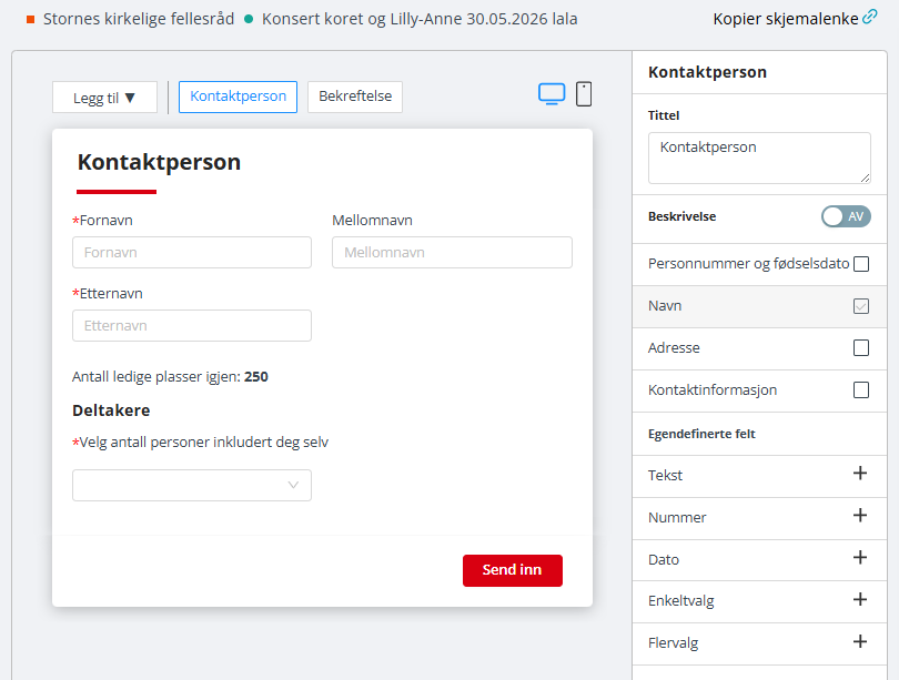 Arbeidsflate for skjemaopprettelse.