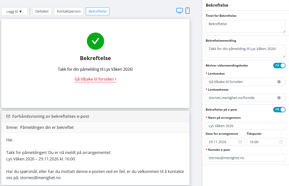 Innstillinger for bekreftelsesside.