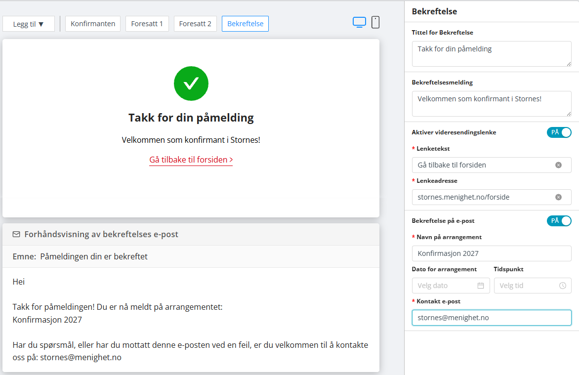 Innstillinger for bekreftelsesside.