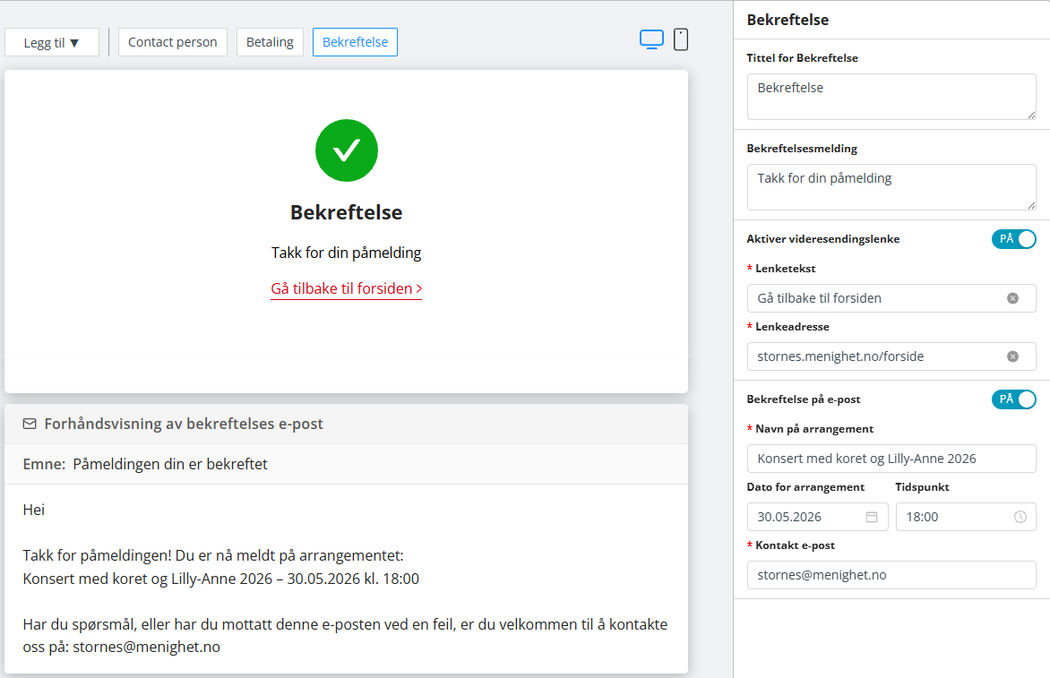Innstillinger for bekreftelsesside.