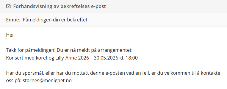 Forhåndsvisning av e-postbekreftelse.