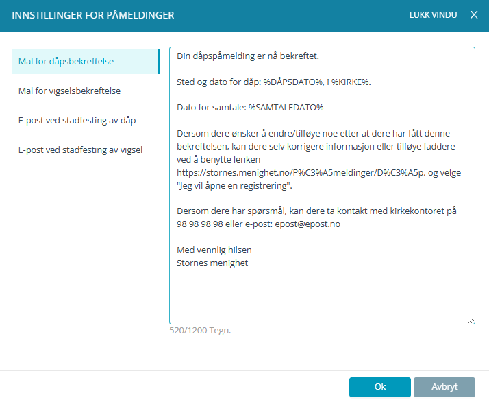 Innstillinger for påmeldinger