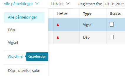 Filter i modulen 'Påmelding'.