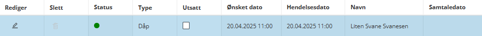 Skjermbilde fra applikasjonen Medarbeideren som viser bekreftet påmelding til dåp.