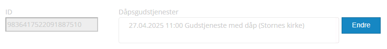 Skjermbilde fra applikasjonen Medarbeideren som viser funksjon 'Endre' ved Dåpsgudstjenester.