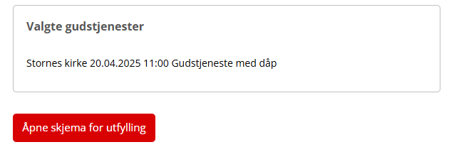 Skjermbilde fra applikasjonen Medarbeideren som viser funksjon 'Åpne skjema for utfylling' og et valgt gudstjeneste.