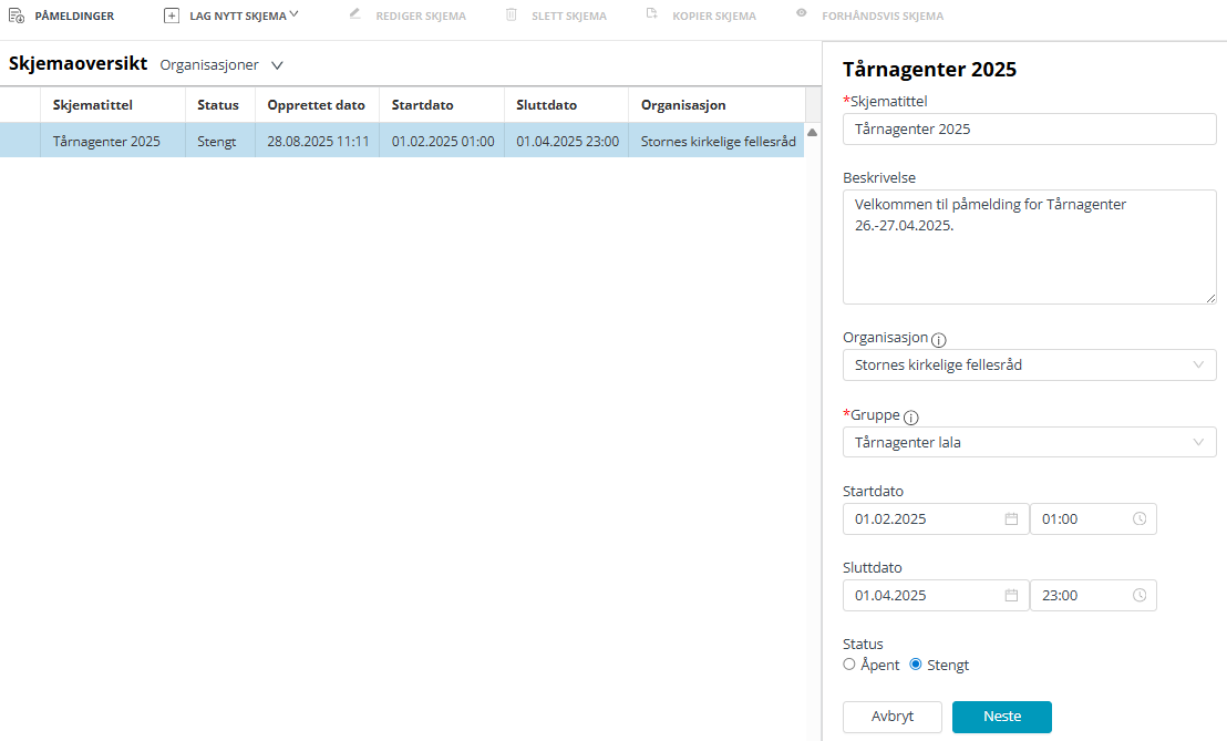 Skjemaoversikt med påbegynt nytt skjema.