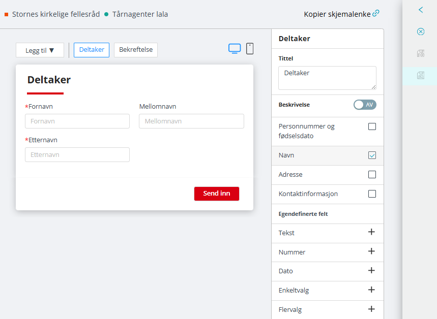 Arbeidsflaten for skjemaopprettelse.