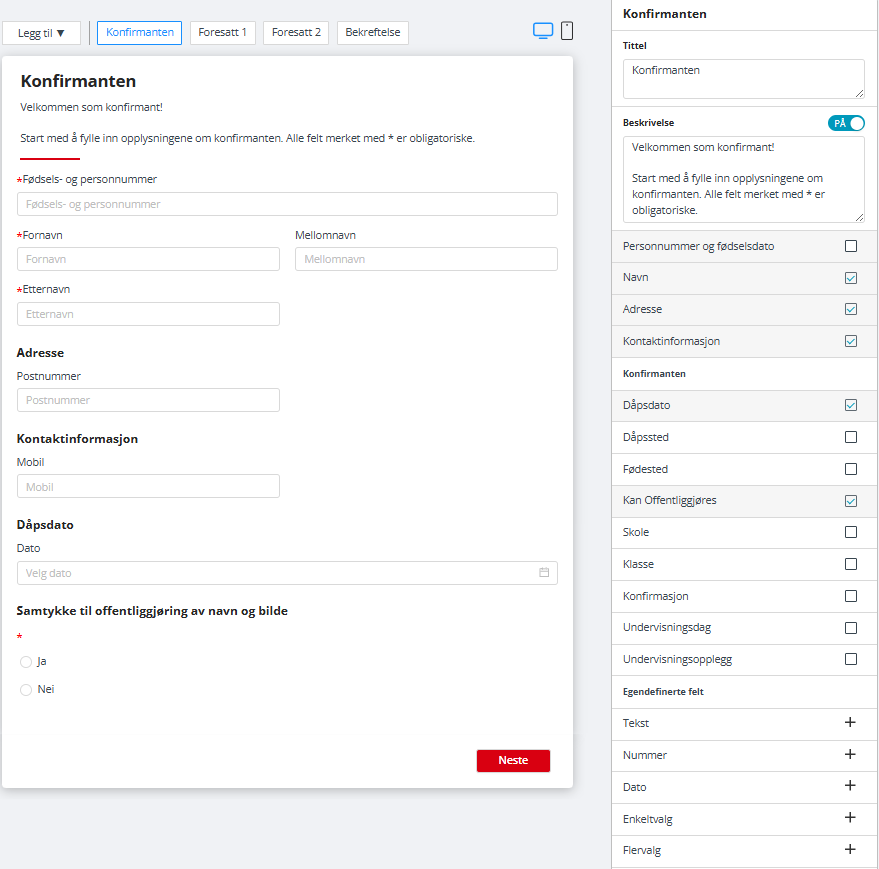 Skjermbilde fra applikasjonen Medarbeideren som viser arbeidsflaten for skjemaopprettelse.