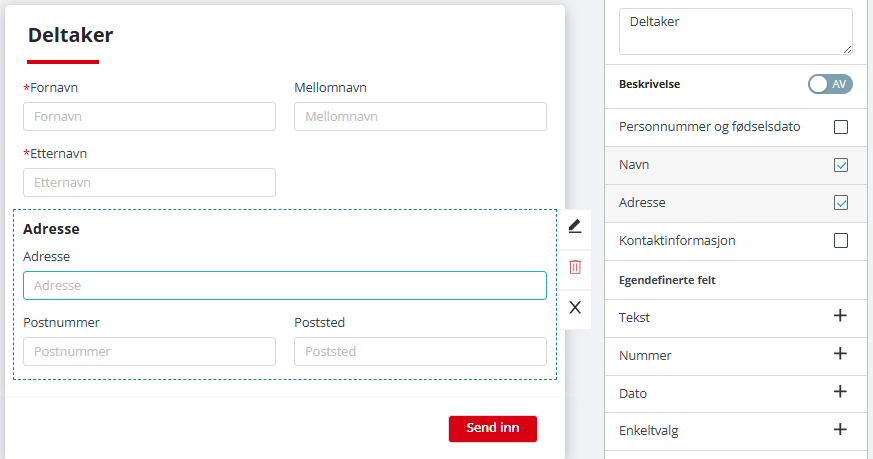 'Adresse' seksjon lagt til i skjema.