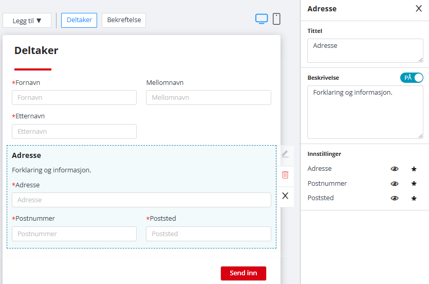 'Adresse' seksjon blir redigert.