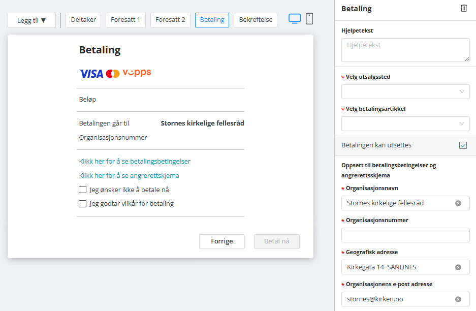 Ny 'Betaling' side i skjema.