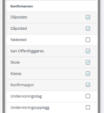 Liste av konfirmant-felt.