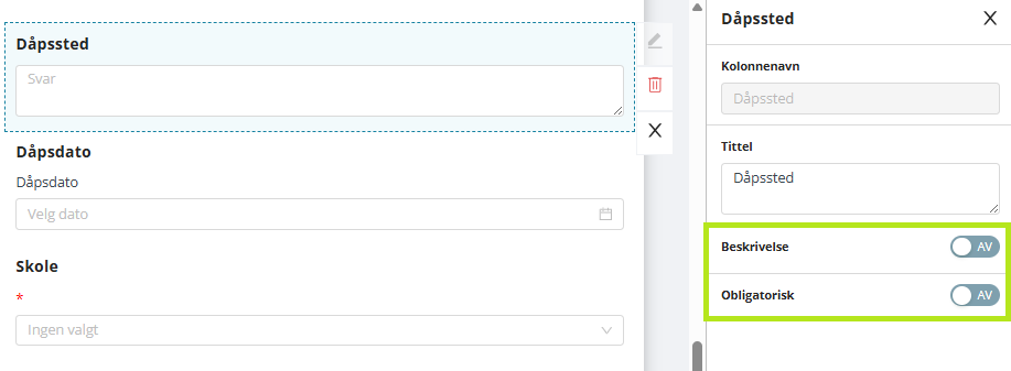 Alternativer for konfirmant-felt.