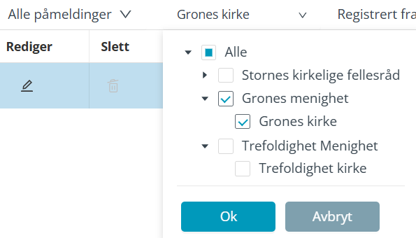 Påmelding, meny av lokaler.