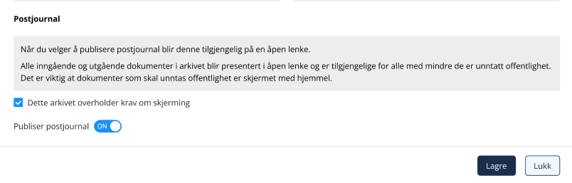 Skjermbilde av seksjon for publisering av postjournal som inneholder sjekkboks og veksleknapp