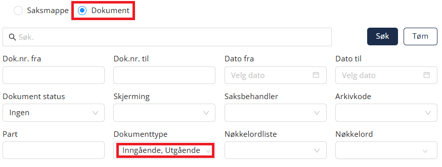 Søkekriteria for postjournal.