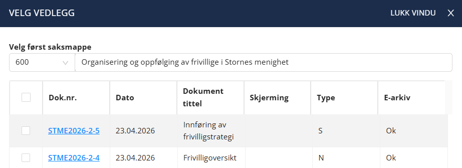 Valg av vedlegg.