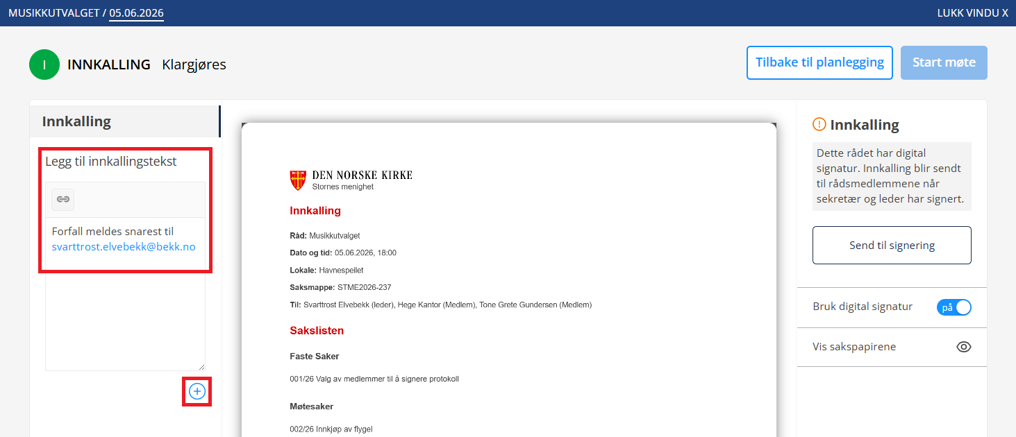 Felt for innkallingstekst.