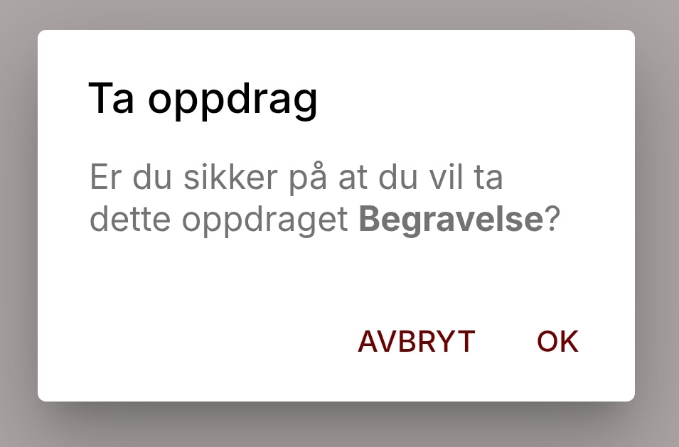 Viser skjermbildet for bekreftelse av at en vil ta oppdraget