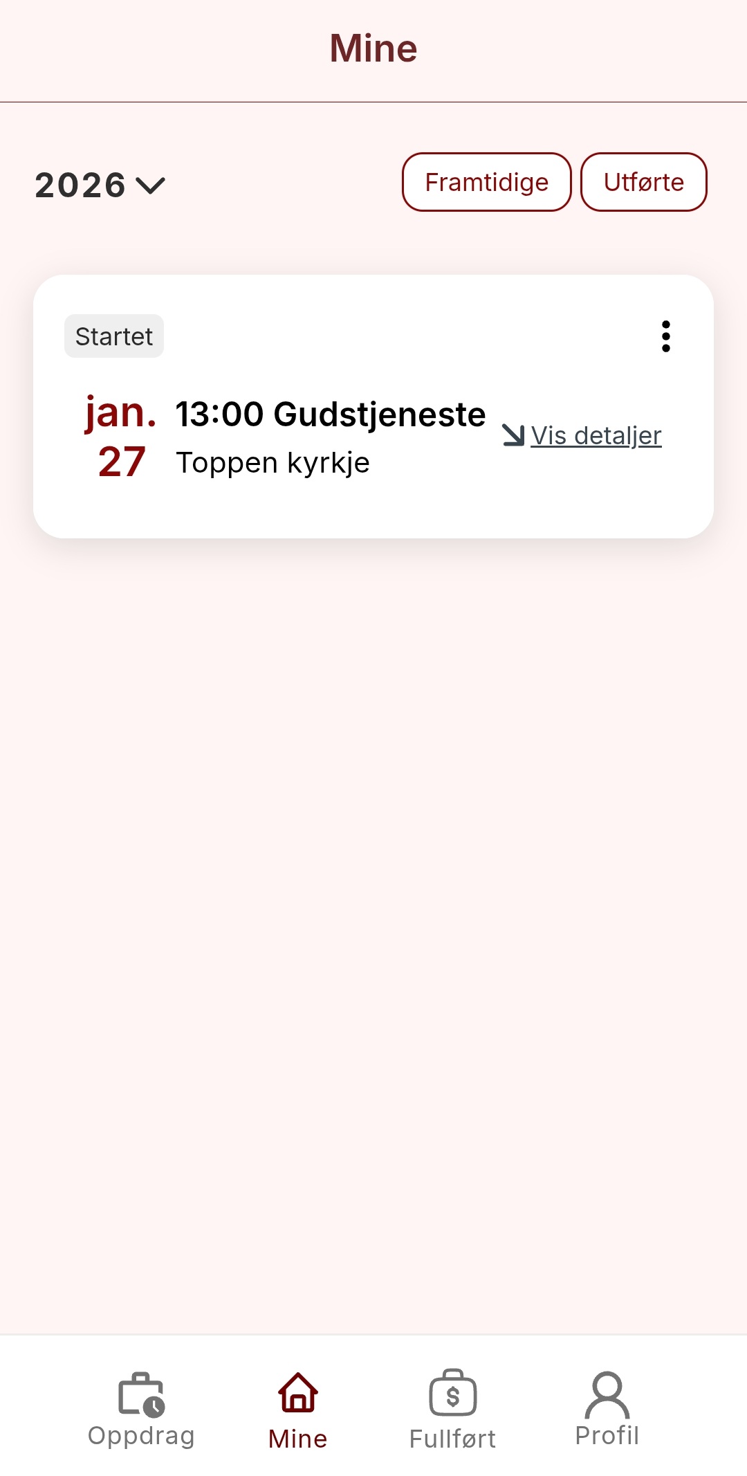 Viser skjermbilde fra Mine oppdrag i Oppdrag-appen