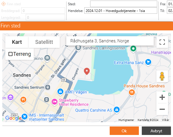Søk etter sted og marker på kart.