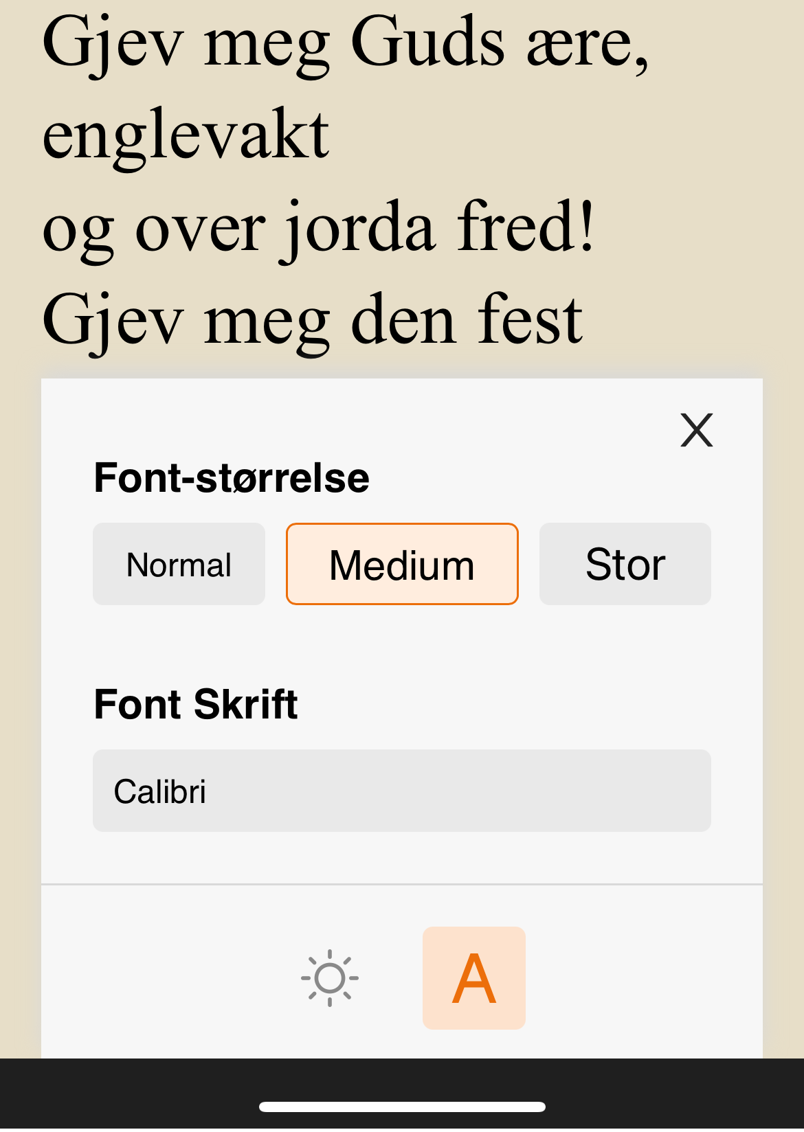 Skjermbilde med innstillinger for tekst og farge.