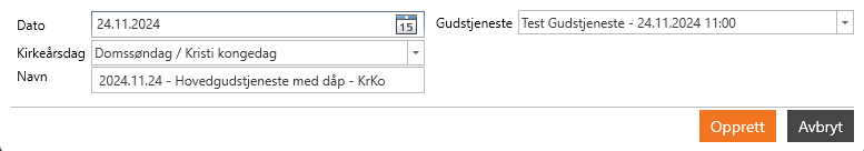 Valg for navn, dato, kirkeårsdag og avtale.