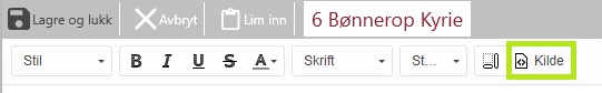 Dette bildet viser redigeringsgrensesnittet i LabOra Verksted for utforming av gudstjenesteleddet 6 Bønnerop Kyrie. Øverst finnes følgende elementer: Handlingsknapper: 'Lagre og lukk' for å lagre endringer og avslutte redigeringen, 'Avbryt' for å forkaste endringer, og 'Lim inn' for å lime inn tekst eller innhold. Formatverktøy: Valg for stil, skrift, og størrelse, samt knapper for tekstformatering som fet, kursiv, understreket og gjennomstreket. 'Kilde'-knapp: Markert i grønt, gir tilgang til å redigere HTML-kilden for leddet, noe som muliggjør avansert tilpasning av innholdet. Dette grensesnittet gir brukeren fleksibilitet til å formatere, tilpasse og strukturere innholdet i dette gudstjenesteleddet.