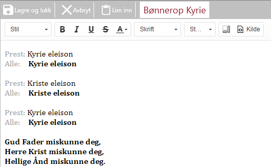 Dette bildet viser redigeringsgrensesnittet i LabOra Verksted for utforming av gudstjenesteleddet 6 Bønnerop Kyrie. Teksten til Bønnerop Kyrie er synlig med tilpasset utforming.