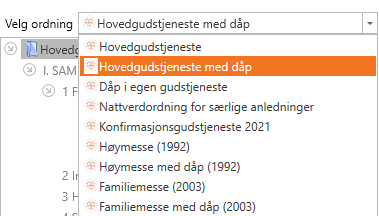 Bildet fra LabOra Verksted som viser 'Velg ordning' fane i arbeidsflaten 'Ny gudstjeneste'. Feltet er lokalisert øverst til høyre i arbeidsflaten. Man velger mellom gudstjeneste ordninger i en nedtrekks meny.