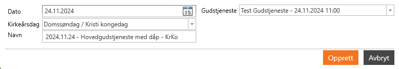 Skjermbilde fra LabOra Verksted som viser arbeidsflaten for å opprette en ny gudstjeneste. Meny valgene: navn, dato, kirkeårsdag, og mulighet for tilknytning til en avtale i applikasjonen Medarbeideren.